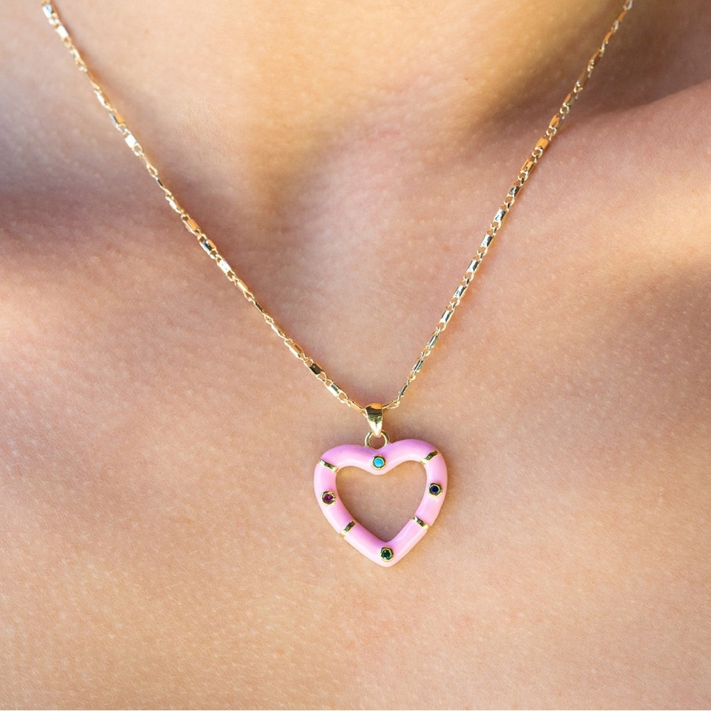 Pink enamel heart necklace